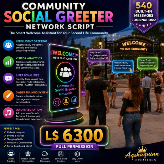 Community Social Greeter Network Script for Second Life – Smart AI Visitor Welcome & Community Assistant