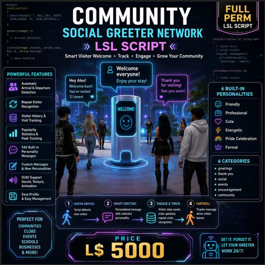 Community Social Greeter Network LSL Script Full Perm | Smart Visitor Welcome, AI Personality Greeter, Visitor Tracker, 