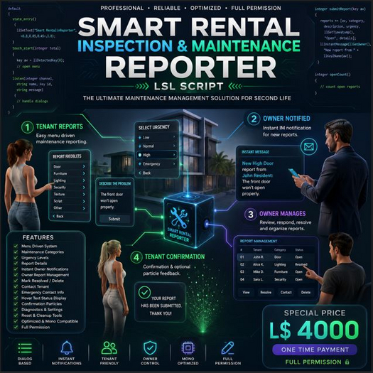 Smart Rental Inspection and Maintenance Reporter LSL Script for Second Life | Full Permission Landlord Property