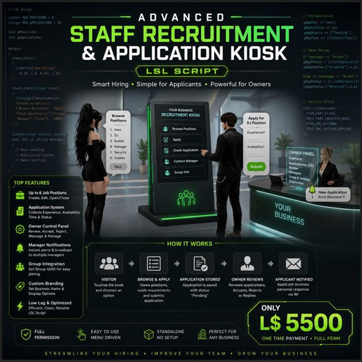 Advanced Staff Recruitment & Application Kiosk LSL Script | Smart Hiring System | Job Board | Staff Management 
