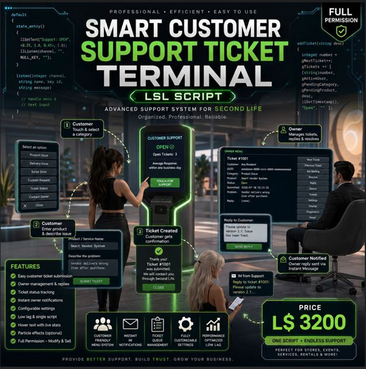 Smart Customer Support Ticket Terminal LSL Script Full Permissions | Support Desk, Help Kiosk, Ticket Queue 