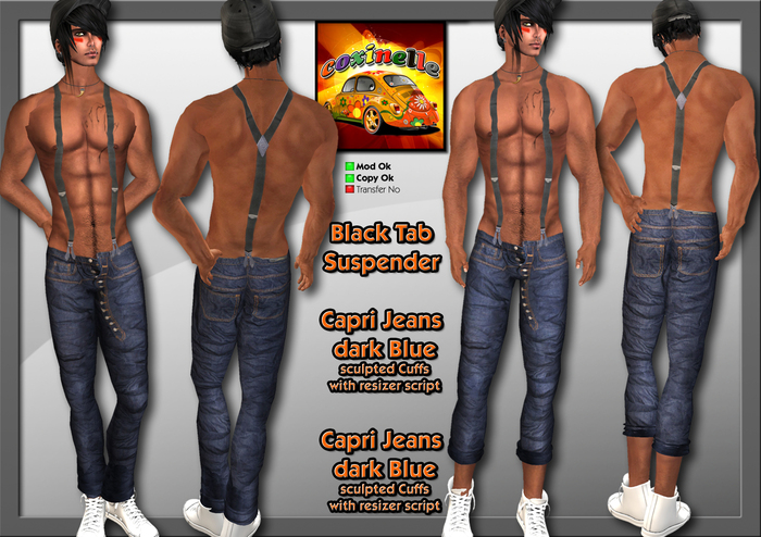 Coxi -  Tab Suspenders Black & jeans blue & capri