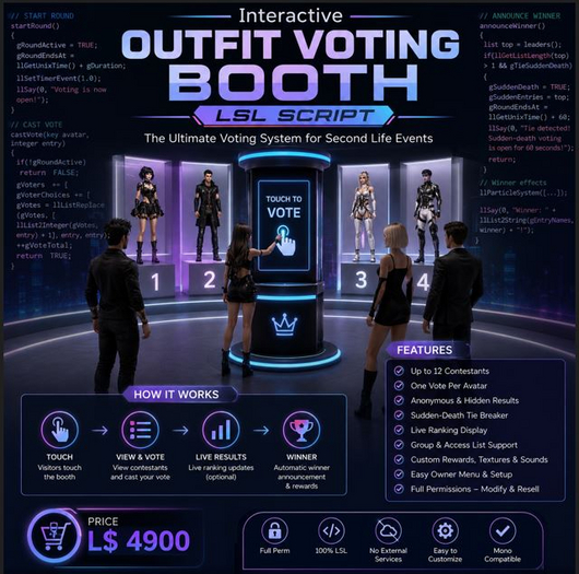 Interactive Outfit Voting Booth LSL Script for Second Life | Fashion Show, Contest, Avatar Competition & Event Voting 
