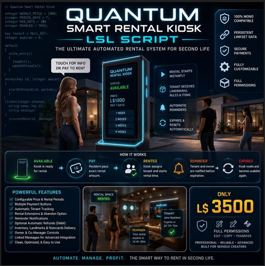 Quantum Smart Rental Kiosk LSL Script | Advanced Second Life Rental System | Full Perm | Automated Rental 