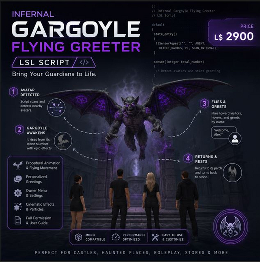 Infernal Gargoyle Flying Greeter LSL Script Full Perm for Second Life | Animated Flying Guardian | Procedural 