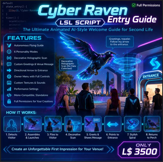 Cyber Raven Entry Guide LSL Script Full Permissions | Animated AI-Style Flying Welcome Guide with Holographic Scan