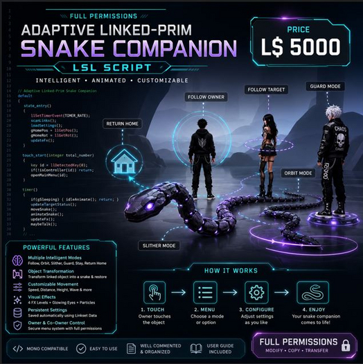 Adaptive Linked-Prim Snake Companion LSL Script for Second Life | AI Pet, Shape Transformation, Avatar Following