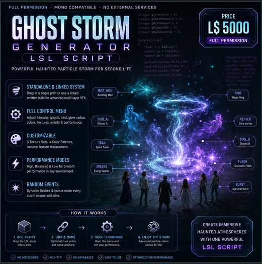 Ghost Storm Generator LSL Script – Full Perm Haunted Particle VFX System | Standalone & Multi-Prim Ghost Effects 