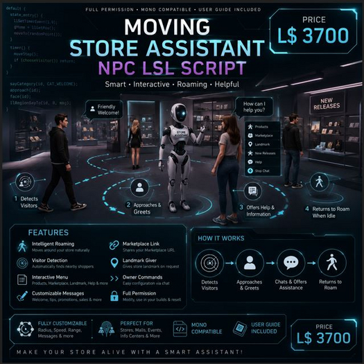 Moving Store Assistant NPC LSL Script FULL PERM | Smart AI Shop Greeter | Auto Roaming Store Employee 