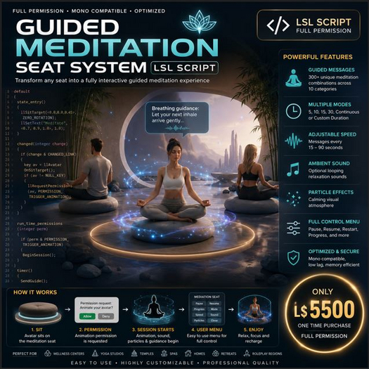 Guided Meditation Seat System LSL Script Full Perm | Meditation Chair, Yoga Cushion, Wellness Retreat, Temple 