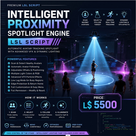 Intelligent Proximity Spotlight Engine LSL Script for Second Life | Automatic Avatar Tracking Spotlight with Advanced 