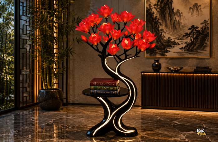 Crimson Blossom Library – Artistic Tree Bookshelf Sculpture