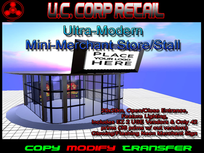 Mini-Merchant Stall/Store Structure Building w/ Flashing Neon Sign and 4 Prim Vendors - Copy/Transfer = YES!