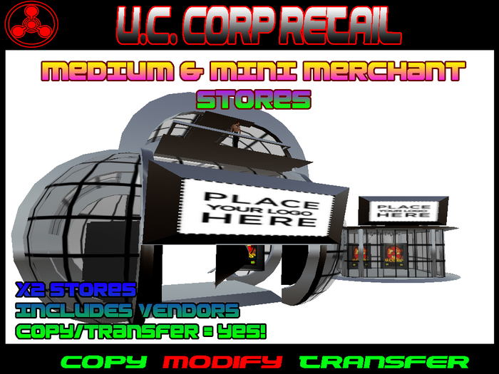 X2 Merchant Store Structure Buildings w/ Flashing Neon Sign and 4 Prim Vendors - Copy/Transfer = YES!