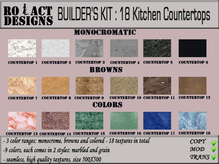 ..::RO!ACT::..DESIGNS Builder's Kit: Kitchen Countertops - 18 Full Perm Seamless Textures