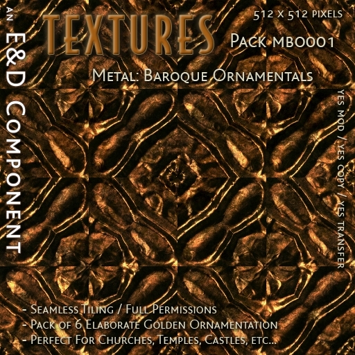 [MBO001] 6 Elaborate Golden Baroque / Rococo Metalwork Textures from E&D ENGINEERING