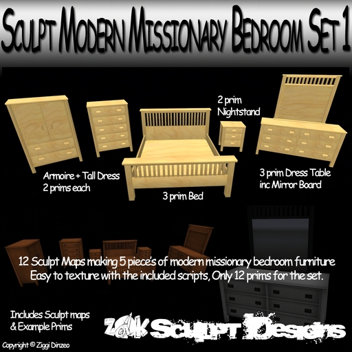 Z@K Sculpted Modern Missionary Bedroom Set 1  - 5 Sculpted Furniture - Full Perm