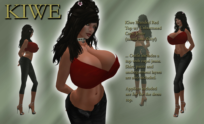 Kiwe Branded Red Top w Unbuttoned Capri Jeans for Prim B's