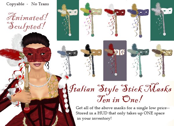 Italian/ Venetian Animated Stick Mask Collection - TEN PACK (BOXED)
