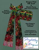 Slightly Vague Hand Painted Grapes Silk Dress Scarf With Pearl Grapes Pin & Animated Clutch Purse Set