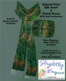 Slightly Vague Hand Painted Animal Khaki Silk Dress Scarf With Jewel Pin & Animated Clutch Purse Set