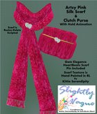 Slightly Vague Hand Painted Artsy Pink Silk Dress Scarf With Jewel Pin & Animated Clutch Purse Set