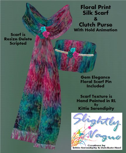 Slightly Vague Hand Painted Floral Silk Dress Scarf With Floral Pin & Animated Clutch Purse Set