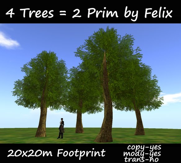4 Trees = 2 Prim by Felix 20x20m Size copy/mody (for landscaping waterfall cave grotto garden tree plant 