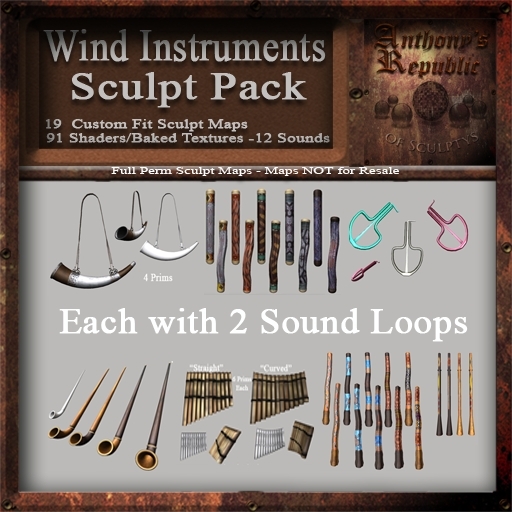 Wind Instruments Sculpt Pack, Sculpted Instruments, 19 Sculpty Maps, 91 Textures & 12 Sounds Full Perms - Sculpties