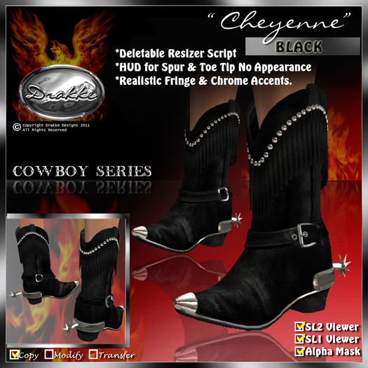 !Drakke! "Cheyenne" Fringed Cowboy Boots(Black)   ~ SL Viewer 2 Ready (Alpha Mask Included)