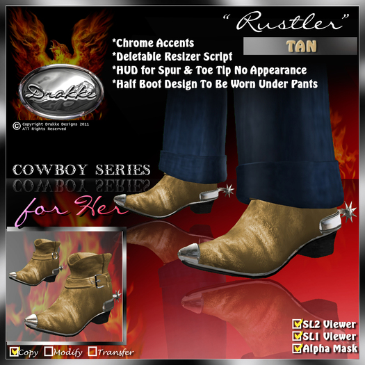!Drakke! "Rustler" Cowboy Half Boots(Tan) (F)   ~ SL Viewer 2 Ready (Alpha Mask Included)
