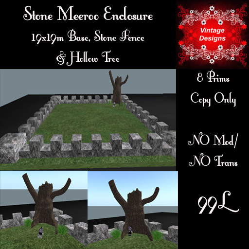 Stone Meeroo Enclosure 19x19m Base, Stone Fence & Hollow Tree