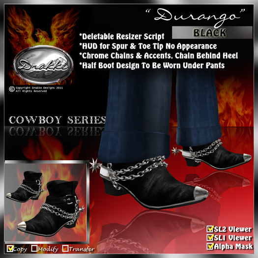!Drakke! "Durango" Cowboy Half Boots(Black) (M)  ~ SL Viewer 2 Ready(Comes with Alpha Masks)