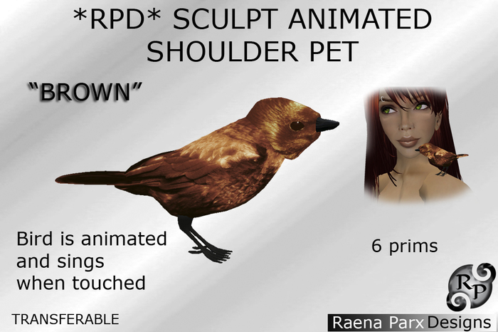 SCULPT ANIMATED SHOULDER PET: "BROWN BIRD" - *RPD*