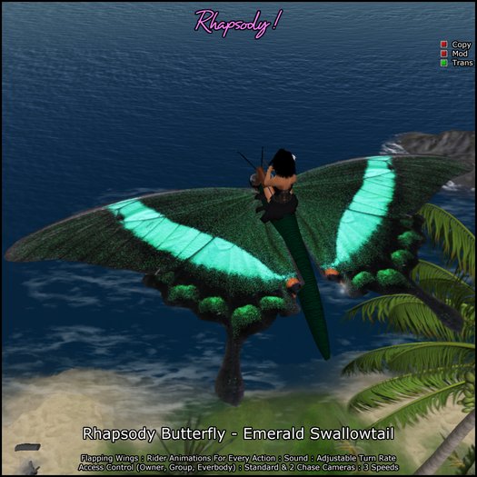 Rhapsody Butterfly (Emerald Swallowtail) - Ridable Butterfly