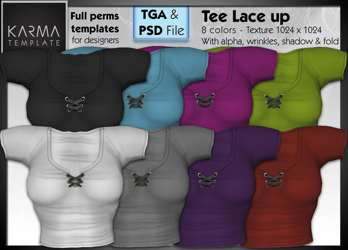 Karma Template - PSD & TGA - Tee Laced Up - 8 Colors - High detailled Texture 1024 px
