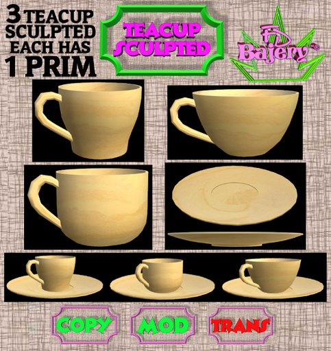 3 TEACUP + PLATE SCULPTED 1 PRIM