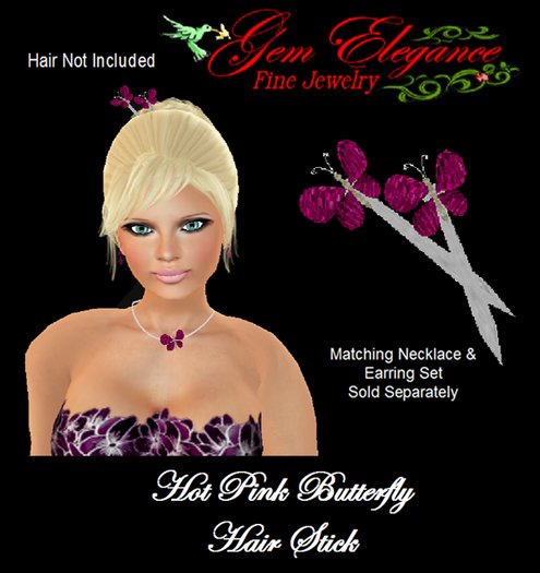 Gem Elegance Butterfly Hair Stick - Hot Pink Diamonds