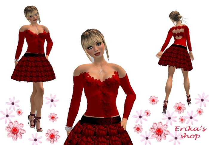 Red flower top+skirt