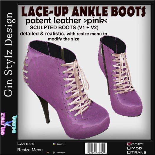 Second Life Marketplace LaceUp Ankle Boots pink patent leather (V1