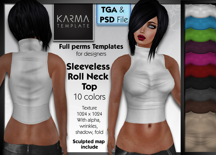 Karma Template - PSD & TGA - Sleeveless Roll Neck Top & Sculpted Collar -10 Colors- High detailled Texture 1024 px