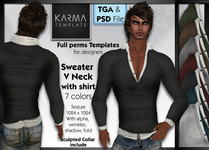Karma Template - PSD & TGA - Sweater V Neck & Shirt with Sculpted Collar - 7 Colors- High detailled Texture 1024 px