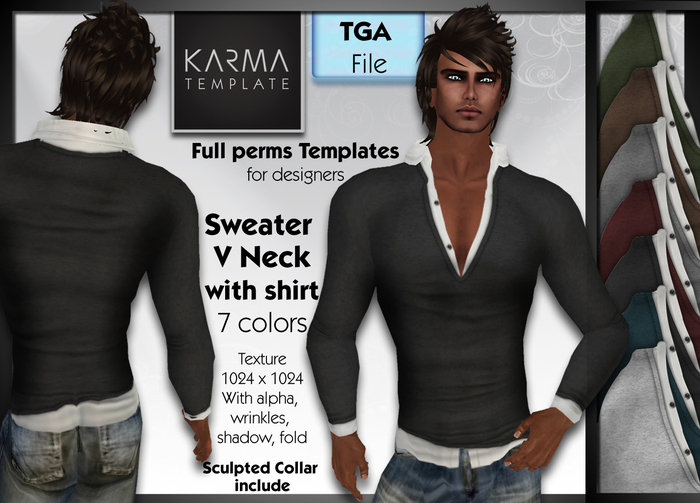 Karma Template - TGA - Sweater V Neck & Shirt with Sculpted Collar - 7 Colors- High detailled Texture 1024 px