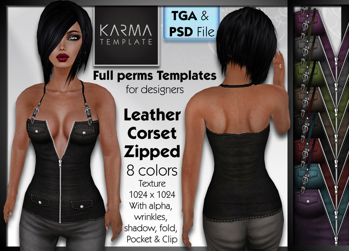 Karma Template - PSD & TGA - Leather Corset Zipped - 8 Colors - High detailled Texture 1024 px