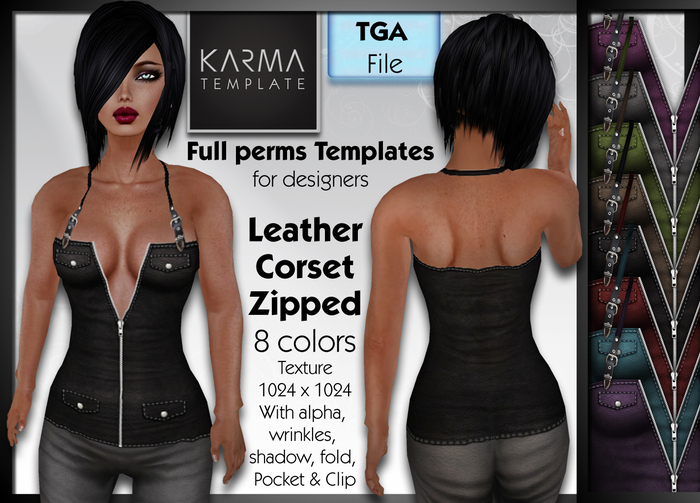 Karma Template - TGA - Leather Corset Zipped - 8 Colors - High detailled Texture 1024 px