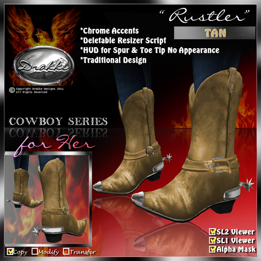 !Drakke! "Rustler" Cowboy Boots(Tan) (F)  ~ SL Viewer 2 Ready(Comes with Alpha Masks)
