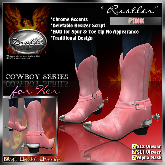 !Drakke! "Rustler" Cowboy Boots(Pink) (F)  ~ SL Viewer 2 Ready(Comes with Alpha Masks)