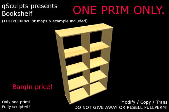 qSculpts bookshelf / book shelf. ONLY ONE PRIM! FULL PERM!! 