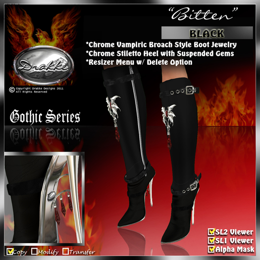 !Drakke! "Bitten" Gothic Knee Boots(Black)   ~ SL Viewer 2 Ready (Alpha Mask Included)