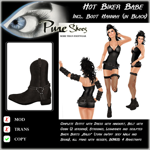 << PURE >> Hot Biker Babe incl Boots Hannah (Outfit) in Black [inworld price 199L$]